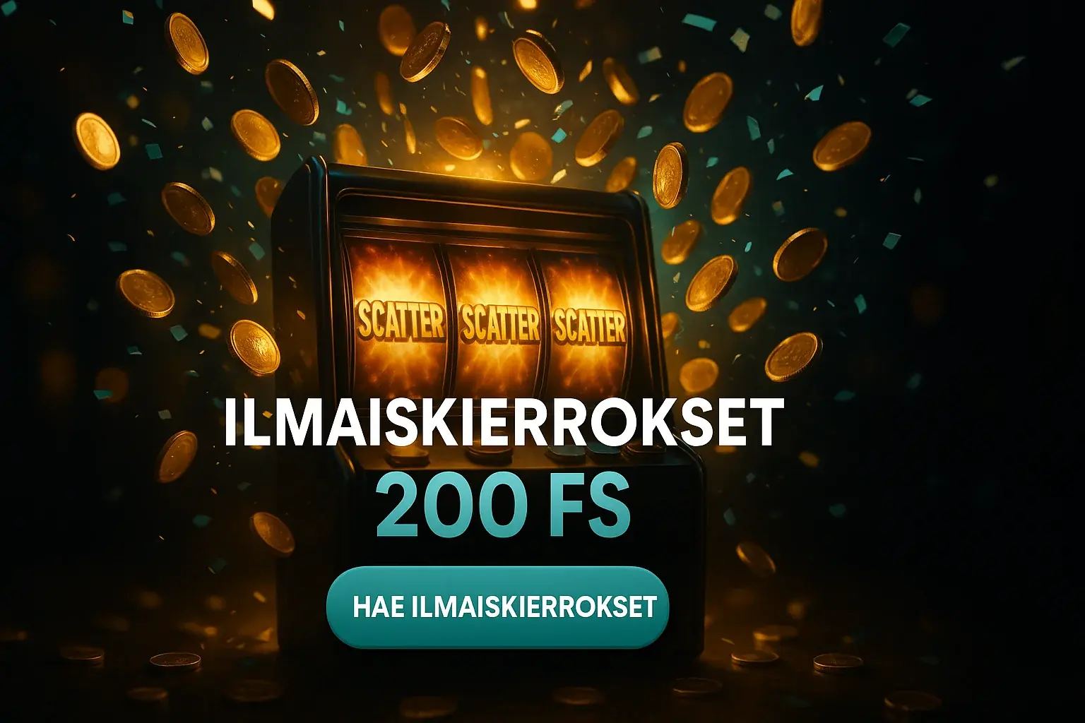 Fotorealistinen suomalainen kasinobanneri, hehkuva kolikkoryöppy ja 200 ilmaiskierrosta