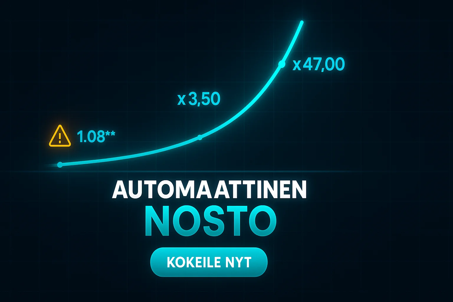 Suomalainen kasinobanneri crash-pelin volatiliteettikaaviolla ja Automaattinen Nosto CTA:lla