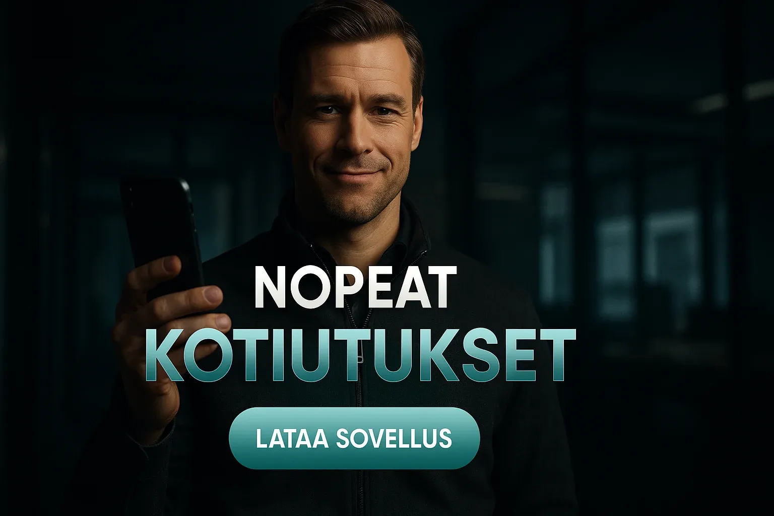Suomalainen mies kasinomainoksessa, puhelin kädessä, teksti Nopeat kotiutukset
