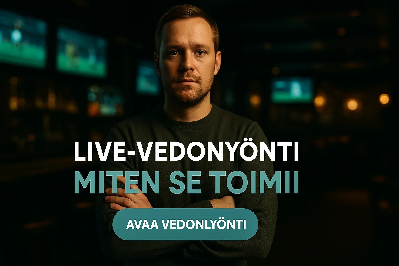 Suomalainen mies urheilubaarissa, live-vedonlyönti banneri ja CTA-painike